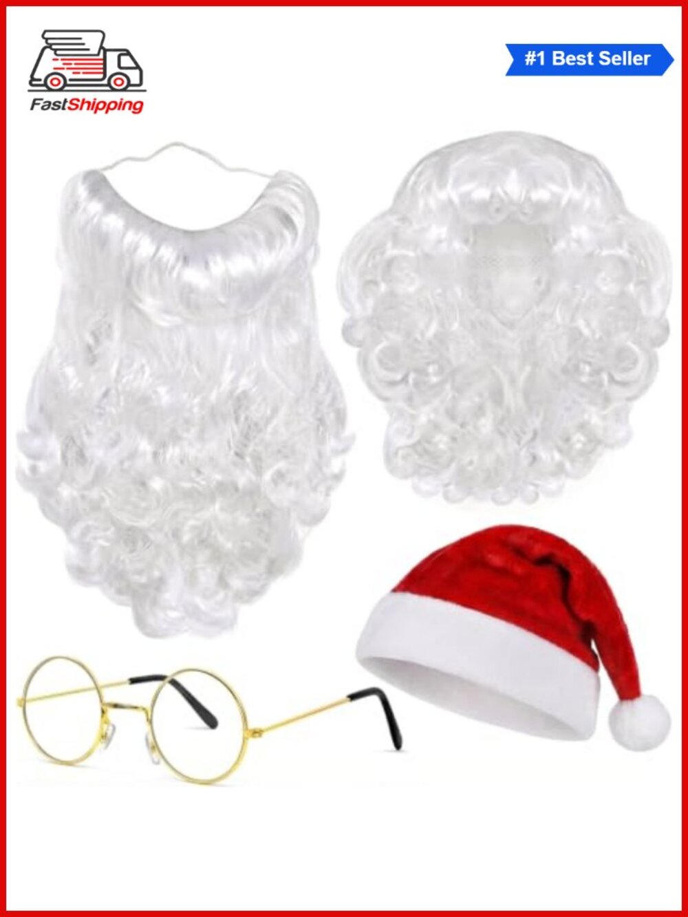🎅 Santa Costume Accessories 4Pc Set Wig Beard Glasses Hat Cosplay